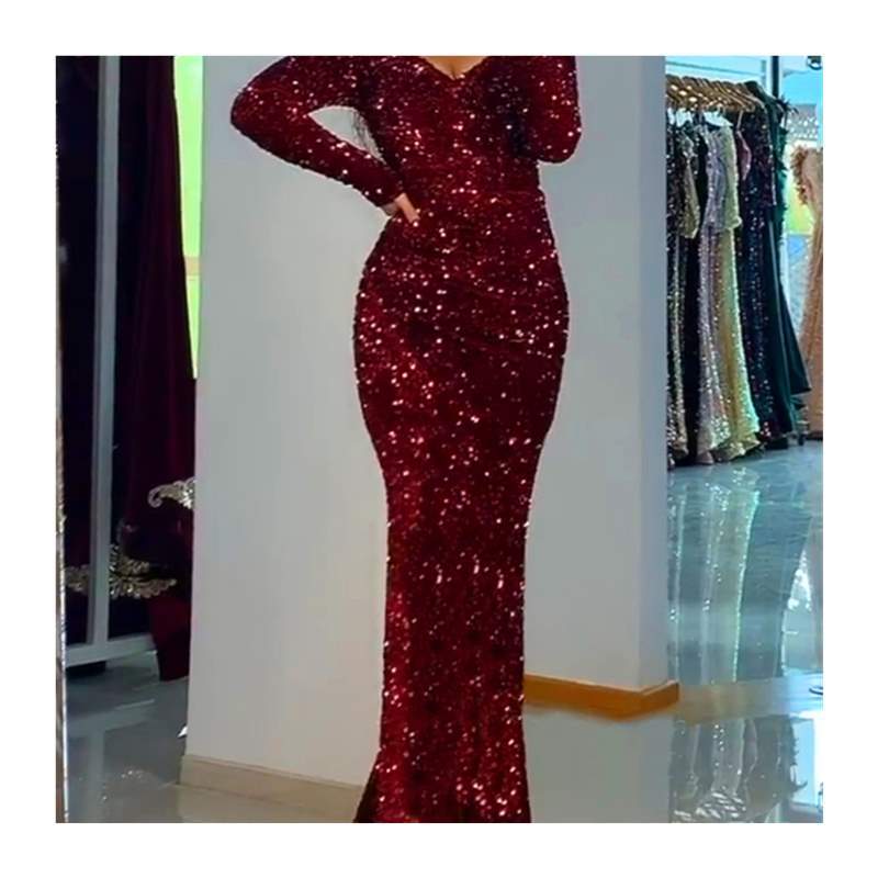 Luxury Black Long Sleeve Evening Gown Sequin Sretchy Velvet