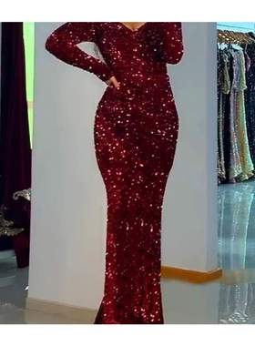 Luxury Black Long Sleeve Evening Gown Sequin Sretchy Velvet