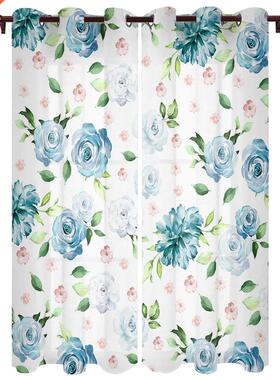Blue Watercolor Flowers Vintage Window Curtains Kitchen