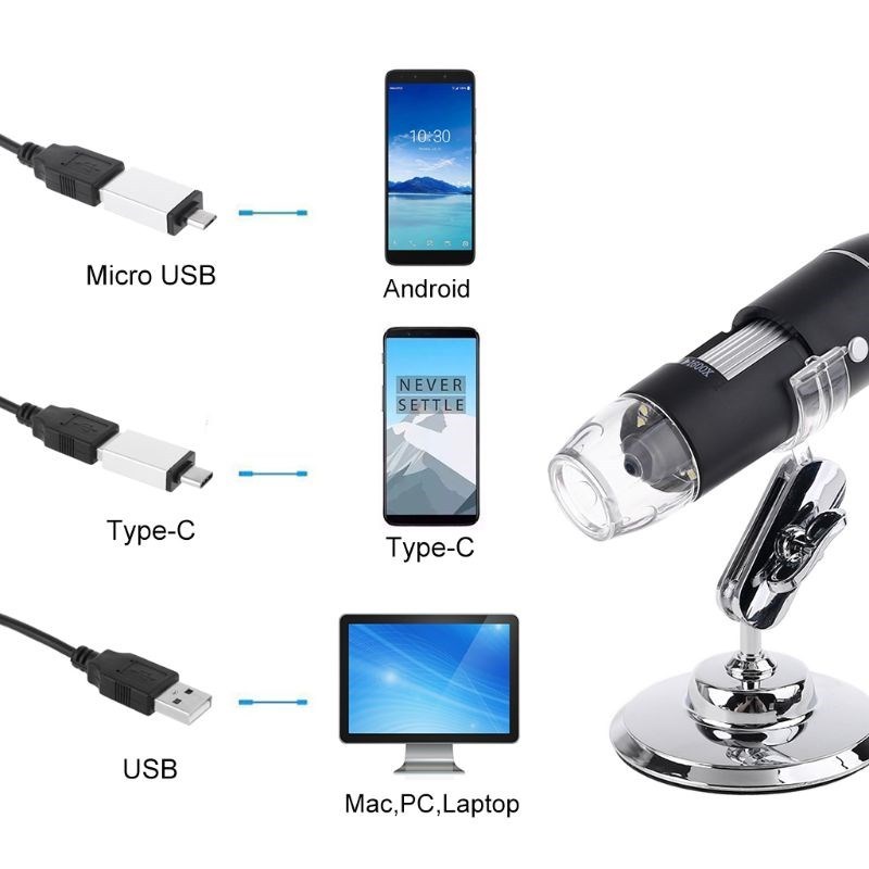 3-in-1 Digital USB Microscope 1600X Portable 2Adapters Suppo