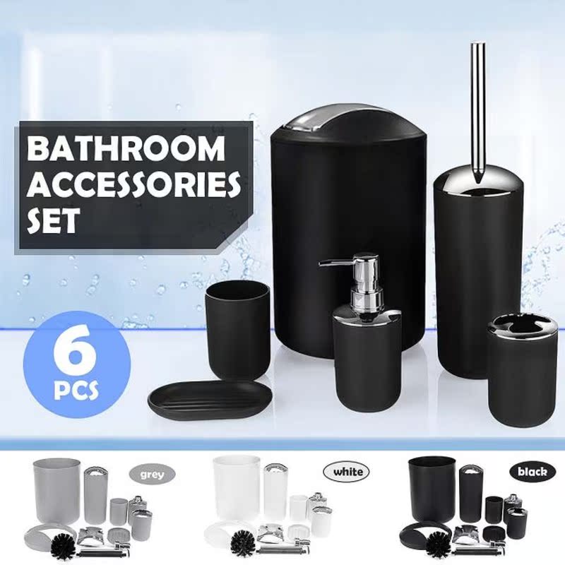 6Pcs Black Bathroom Accessories Toothbrush Holder Bin Soap D