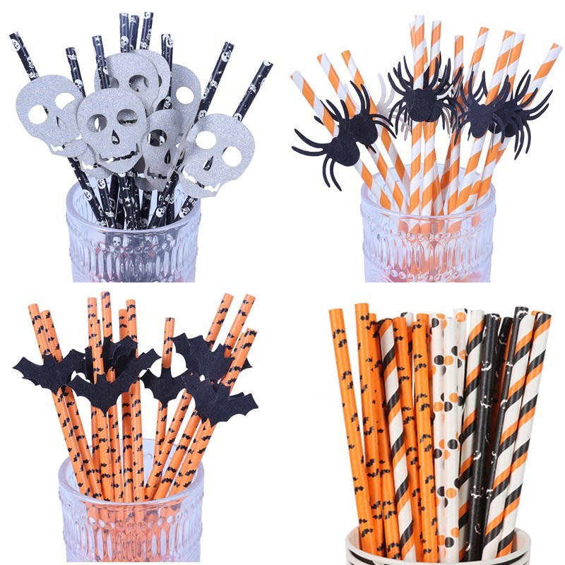 25pcs Halloween Paper Straws Pumpkin Ghost Bat stripe Patn