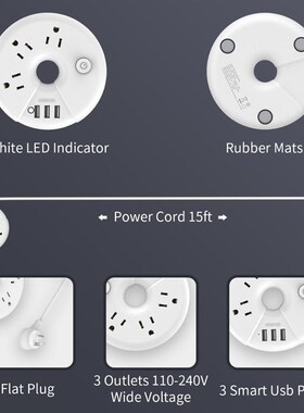 USB Power Strip with 15ft Extra Long Extension Cord 3 Outlet