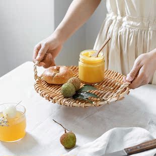 Rattan Round Fruit Tray with Handle Storage Tray Breakfast T