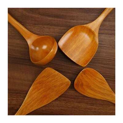 4Pcs Wooden Shovel Spoon Non Stick Wood Long Rice Spatula Ki