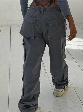 Cargo Pants Women High Waist Denim Overalls Casual Pants Bag