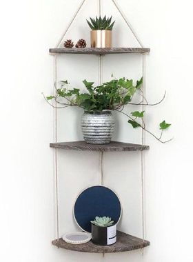 3 Tier Hanging Corner Wall Shelf  Wood Jute Rope Floating