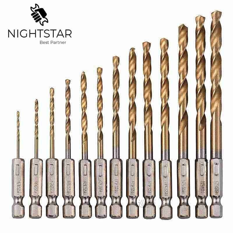 13pcs Titanium HSS Coated Drill Bit Set 1/4 Hex Shank 1.5-6