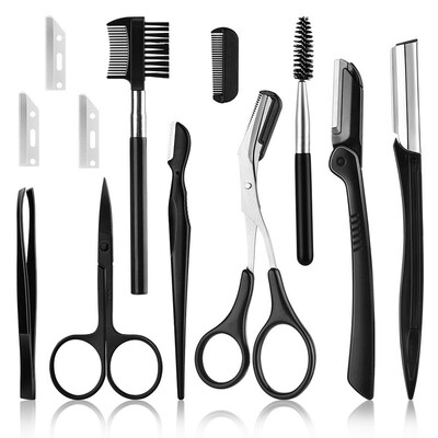 11pcs Eyebrow Razor Kit Eyebrow Scissors with Comb Tweezers