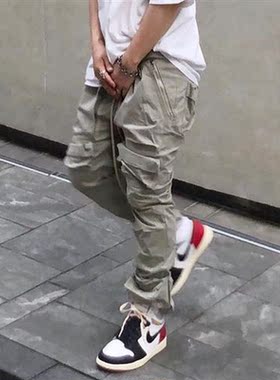 High Sreet Multi-pocket Drawstring Overalls Mens Straight Vi