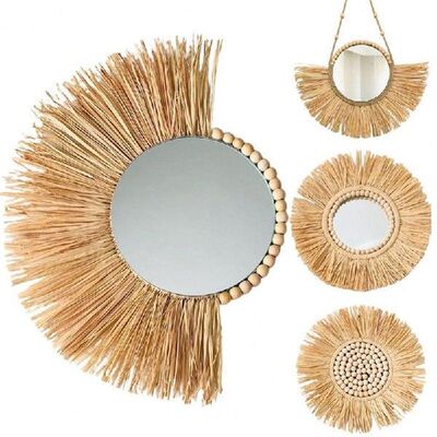 40CM Acrylic Hanging Mirror Moroccan Style Straw Wood Beads