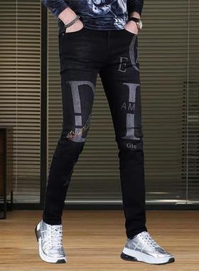 Men’s High Quality Prints Stch Denim Pants,Light Luxur