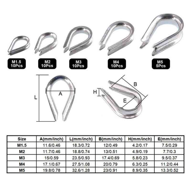 250Pcs 304 Stainless Steel Wire Rope Cable Thimbles Combo an