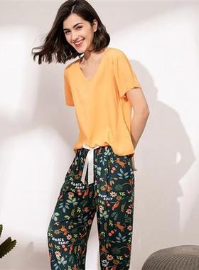 Breathable 2PCS Pajama Short Sleeve Printed Pijama Mujer Fem