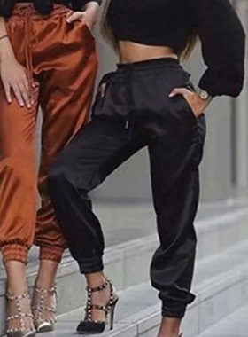 New High Waist Satin Pants Women Bsolid Color Black Joggers