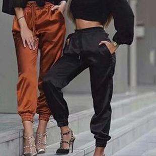 New High Waist Satin Pants Women Bsolid Color Black Joggers