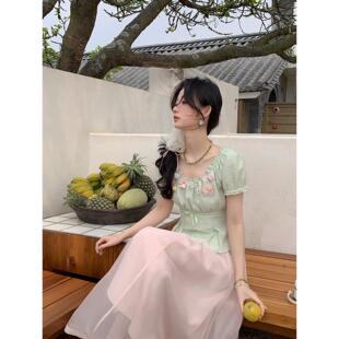 花栗鼠小姐 仙气网纱双层半裙 春漾花约 温柔甜美花朵蕾丝花边短袖