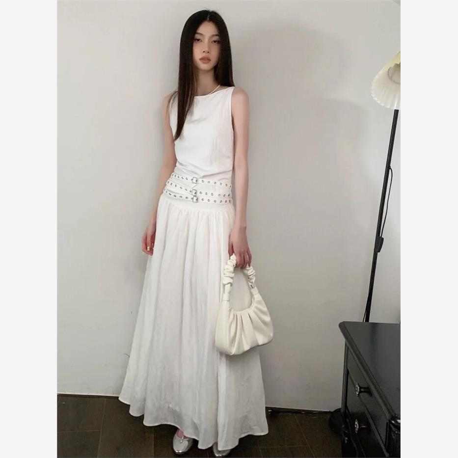 2025四季小众高级感铆钉腰带背心连衣裙女气质长裙法式无袖大摆裙