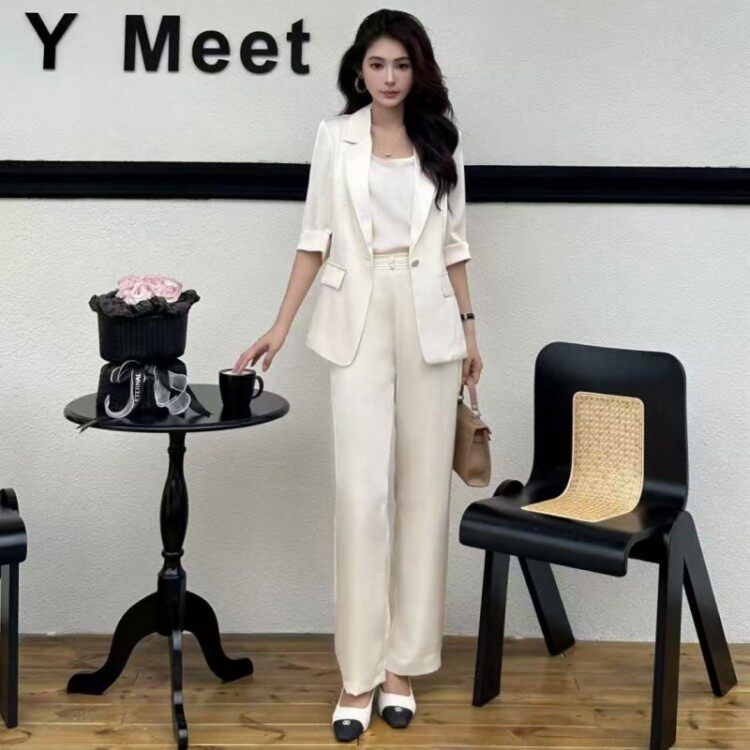 杏色轻熟风西装阔腿裤套装女2026夏季新款三件套减龄洋气高级感
