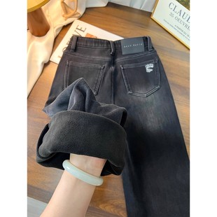 2025冬季新款保暖韩版遮胯黑色高腰烟管加绒加厚九分直筒牛仔裤女