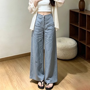 韩系温柔雾霾蓝阔腿裤女夏季薄款时尚高腰显瘦垂感休闲裤长裤子