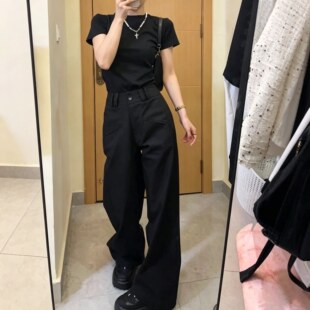 美式工装裤女秋季新款垂感拖地裤黑色裤子高腰显瘦休闲西装阔腿裤