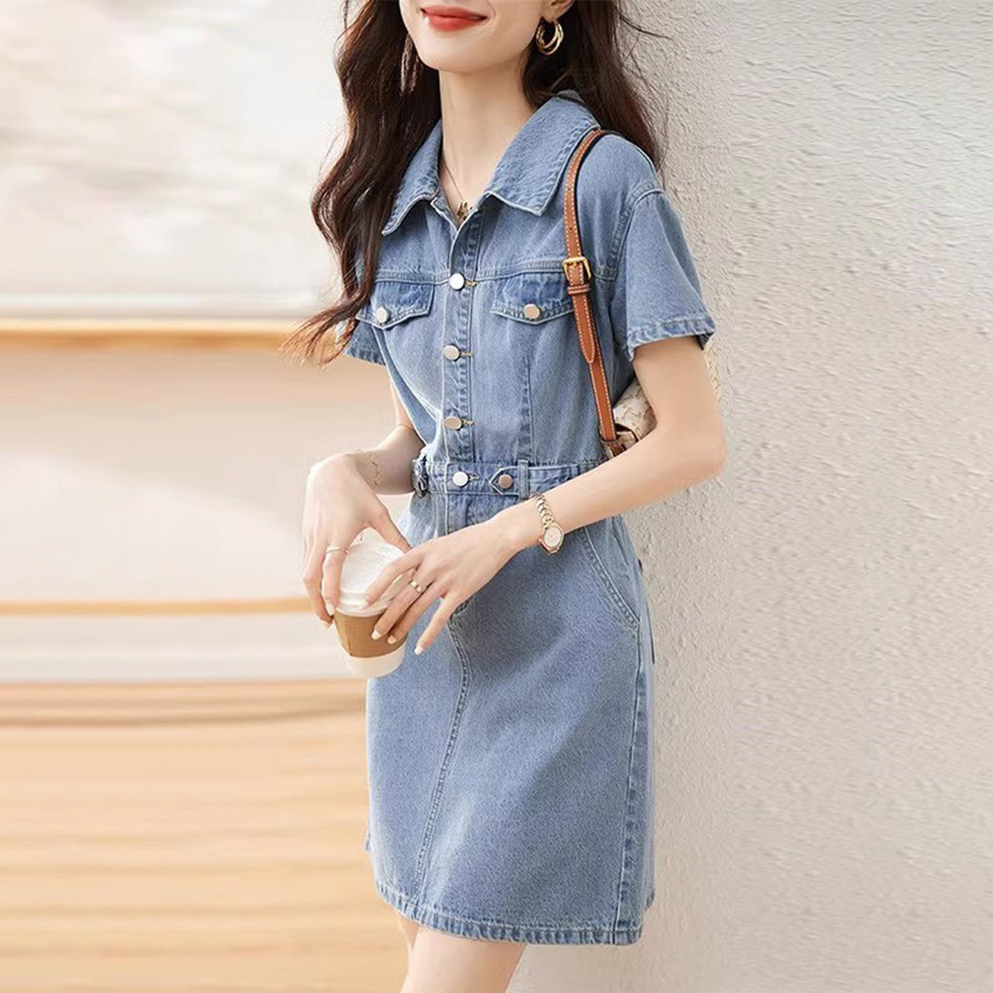 韩版收腰修身蓝色牛仔连衣裙女2026新款夏季薄款韩版高腰显瘦裙