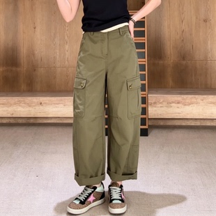 大码 复古显瘦百搭直筒工装 阔腿长裤 美式 窄版 休闲裤 新款 胖MM夏季 裤