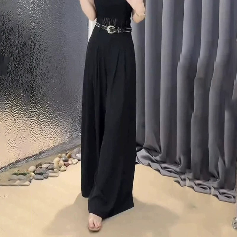 黑色高腰冰丝垂感阔腿西装裤女秋图片