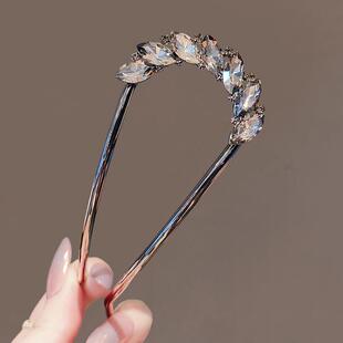 u型女叶子水晶气质发簪高级感金属发钗盘发神器简约簪子插梳