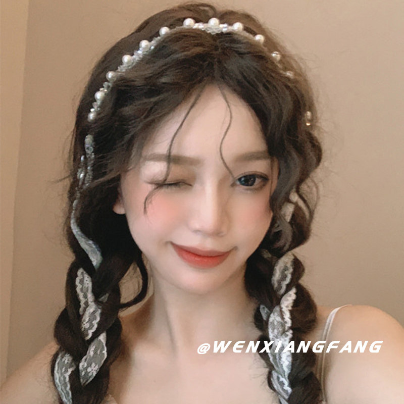 超仙法式水晶珍珠绑发飘带女蕾丝发带森系仙美网红2025年新款发饰