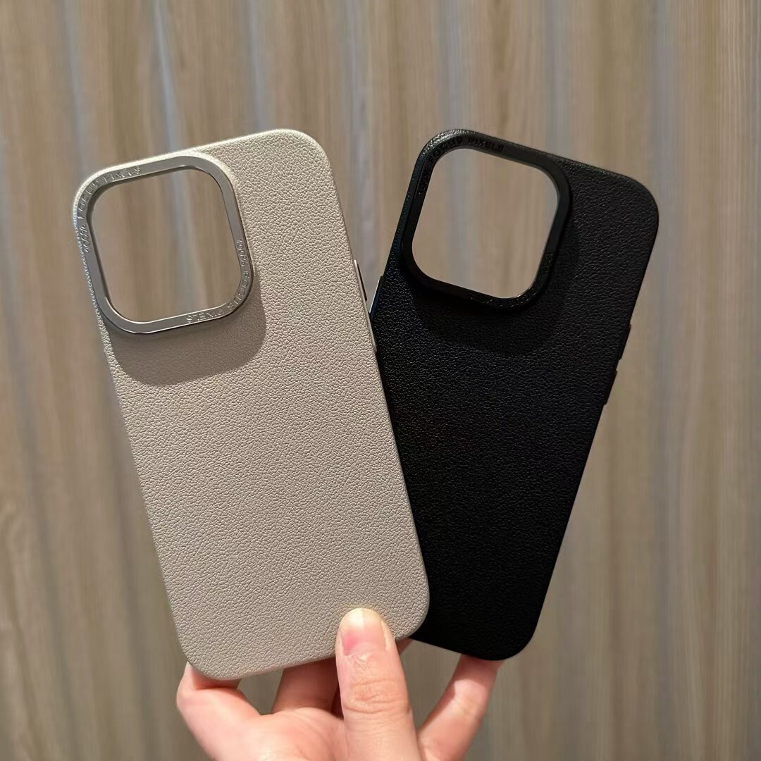 高级感仿皮质荔枝纹17适用iPhone15promax手机壳苹果16plus商务钛灰色14磨砂薄款13硬壳12金属镜框大孔11男生