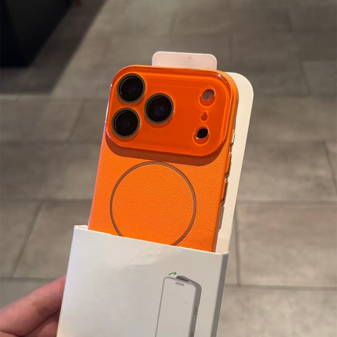 星宇橙细磁吸无线充适用苹果17ProMax手机壳荔枝仿皮纹Air简约iPhone16/15Plus纯色14水晶镜头膜13全包12硬壳