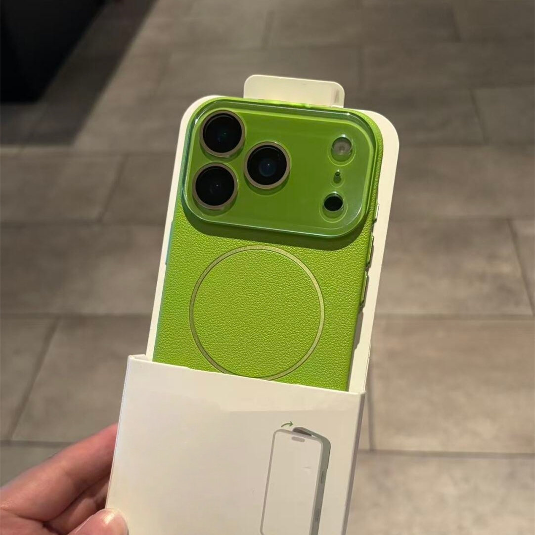 荧光绿细磁吸无线充适用苹果17ProMax手机壳荔枝仿皮纹Air简约iPhone16/15Plus纯色14水晶镜头膜13全包12硬壳