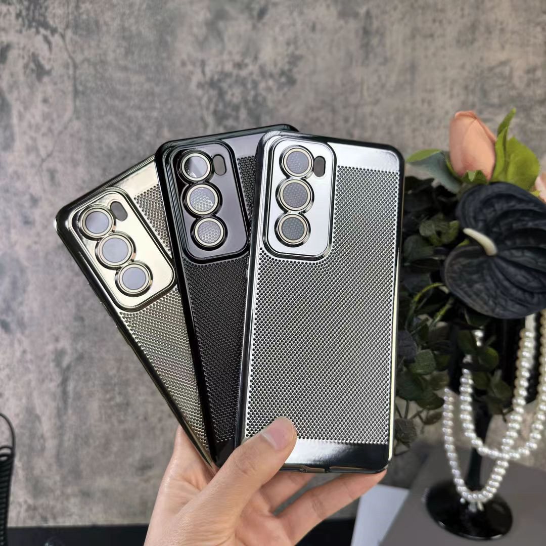 时尚电镀高级银色适用OPPOReno12手机壳蜂窝孔散热reno12pro简约Reno9pro+男女Reno8透气夏日PC硬壳轻薄款潮