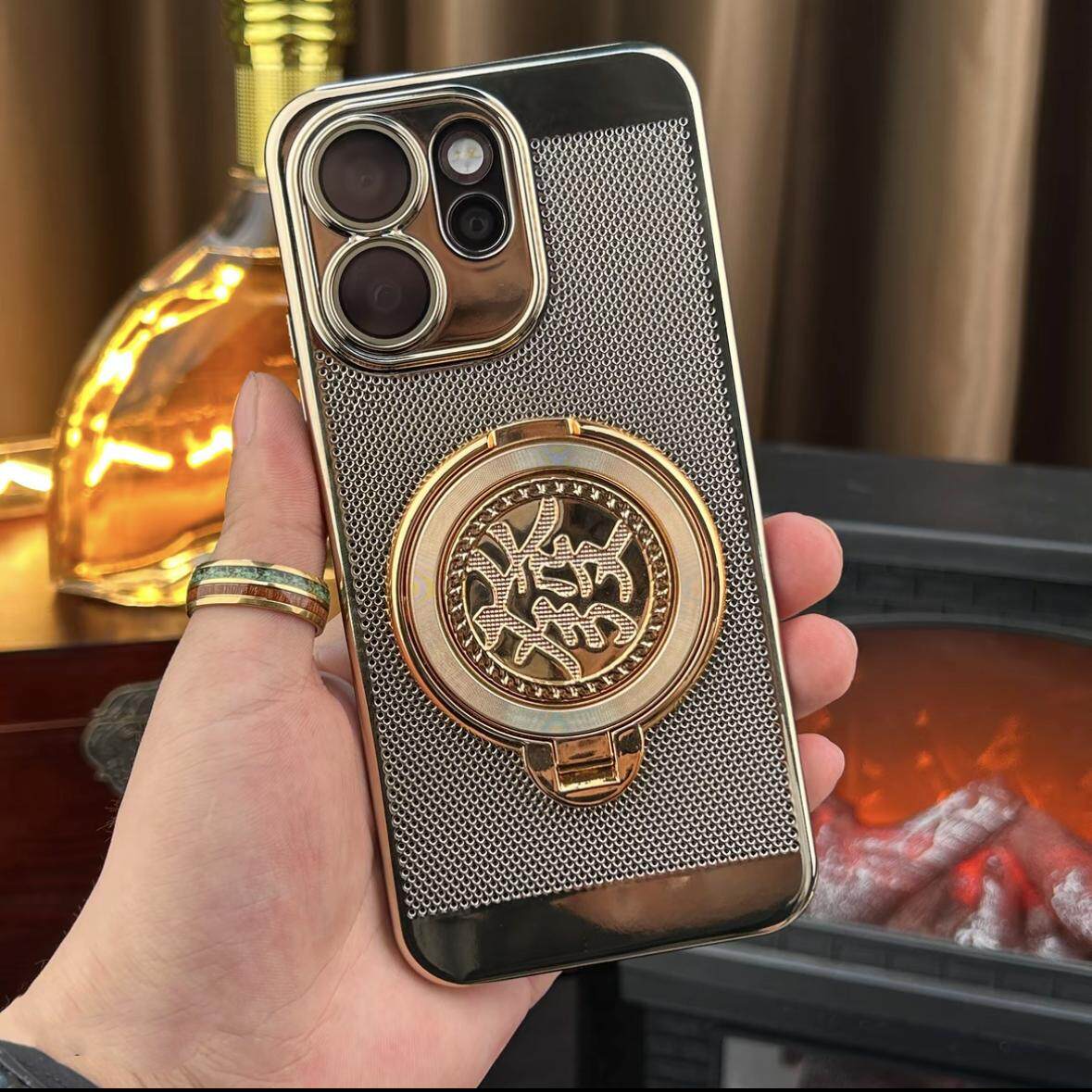 电镀金色亮面网孔散热适用OPPOReno15Pro手机壳Reno14带镜头膜+發字支架reno12/10薄款reno9pro+透气镂空硬壳