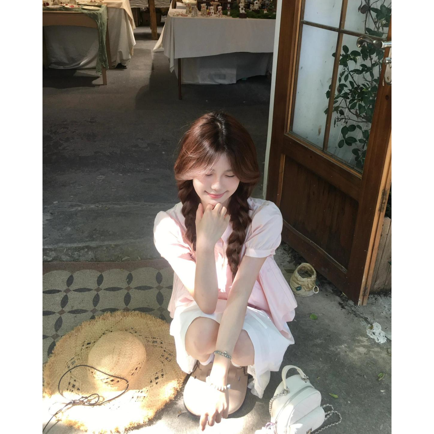 学院风娃娃领短袖衬衫女泡泡袖设计感通勤纯色遮肉百搭一整套穿搭