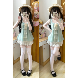 日系小众设计感气质奈奈风甜辣妹显瘦短裙套装 薄荷糖甜美小飞袖 女
