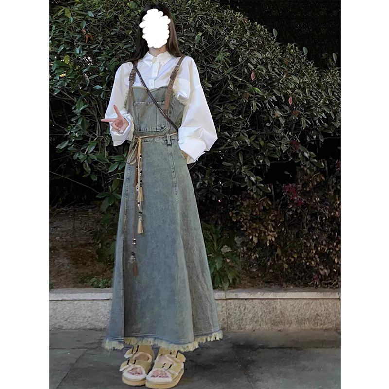 高腰显瘦吊带中长款连衣裙套装潮