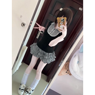 日系复古黑色格纹假两件修身 显瘦上衣女韩系甜美可爱翻领短袖 套装