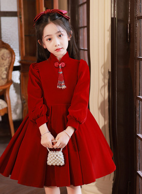 黑木马高定 红色女童礼服儿童生日主持人钢琴演出服新中式拜年服