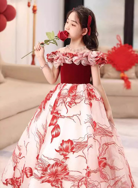 红色女童礼服轻奢小众高端钢琴演奏主持人儿童生日公主裙花童六一