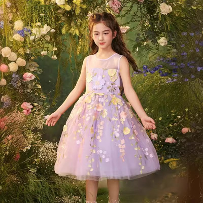 夏季洋气刺绣童礼服公主风生日宴会连衣裙子网纱蓬蓬裙节目演出服
