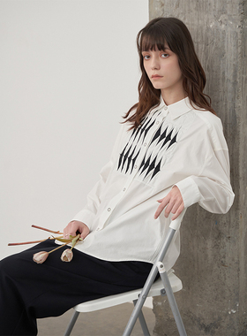 FI长袖白色衬衫2024新款薄款显高显瘦夏季设计感全棉女拼色衬衣