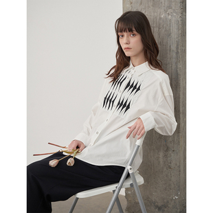 显高显瘦夏季 FI长袖 薄款 2024新款 设计感全棉女拼色衬衣 白色衬衫