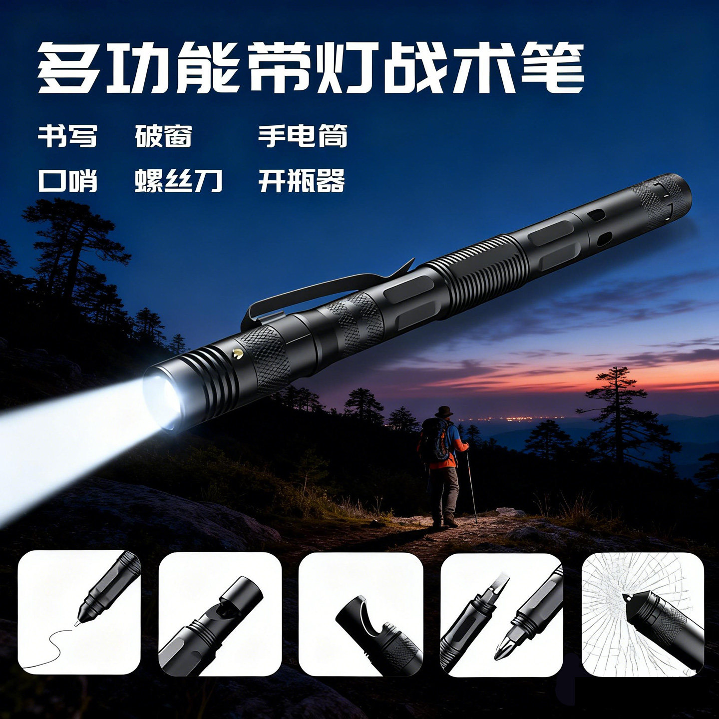 驴小贝多功能带灯战术笔手电自卫防身破窗锥手电筒户外求生多功能