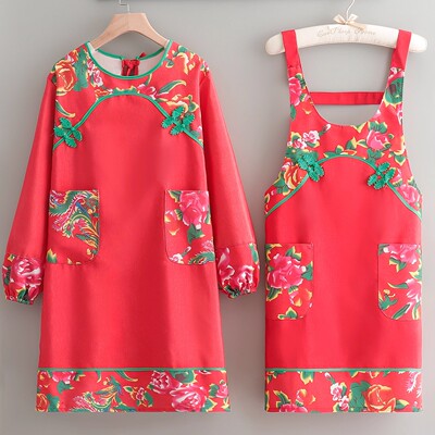 帆布东北大花围裙民族风厨房时尚透气工作服长袖上班饭店餐饮新款