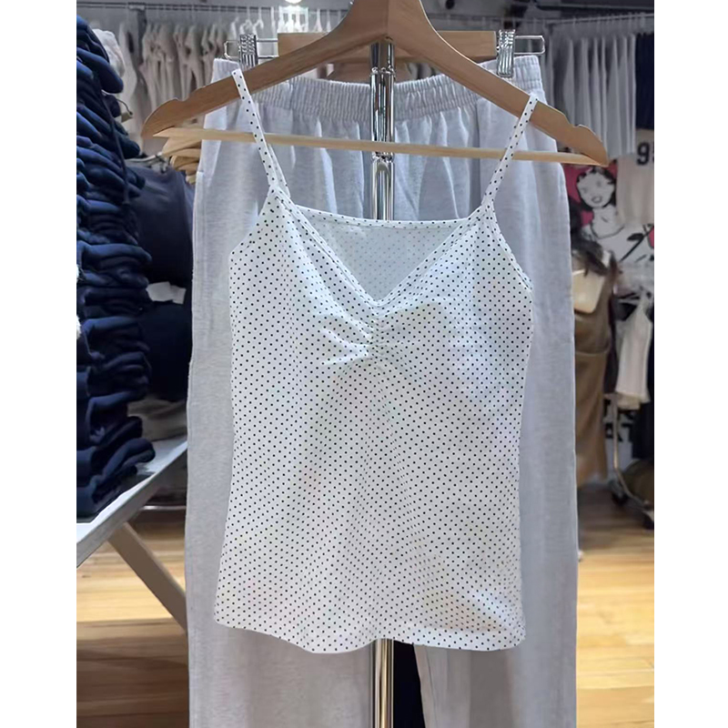 Brandybm新款V领褶皱波点纯棉吊带BM卷边内搭圆点背心Archie Tank