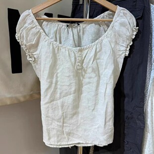 Brandy bm三粒扣套头亚麻短袖上衣BM木耳边袖口T恤女Clarisse top