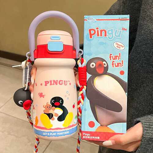 Pingu企鹅家族公仔挂件保温杯女生高颜值学生上学专用吸管杯生日